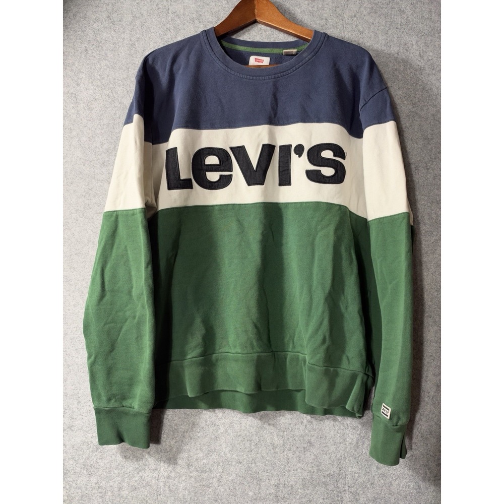 VTG Levi's Colorblock Sweatshirt Mens XL Navy Cream Green Big Logo Spellout Y2K